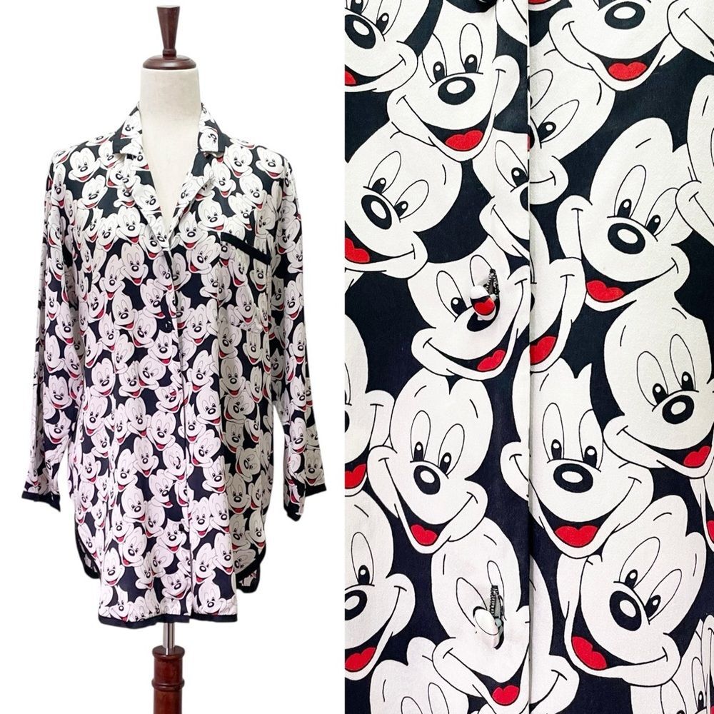 Walt Disney World Mickey Mouse Silk Pajama Nightshirt Black White Red Size Small